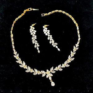 Gold Necklace Earrings Set 18k Cubic Zirconia Gold Bridal Prom Jewelry Set